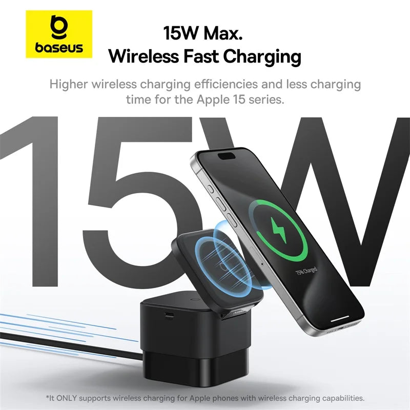 Baseus 25W 2 in 1 Magnetic Wireless Charger Stand 15W Fast Charging Dock Station With Retractable Cable For iPhone15 14  Airpod