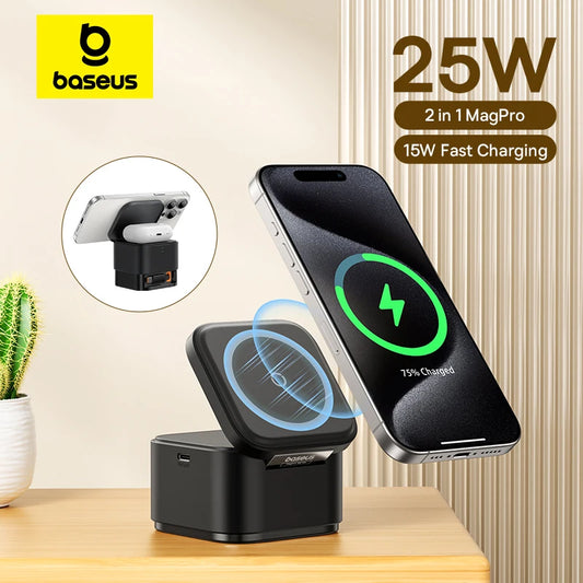 Baseus 25W 2 in 1 Magnetic Wireless Charger Stand 15W Fast Charging Dock Station With Retractable Cable For iPhone15 14  Airpod